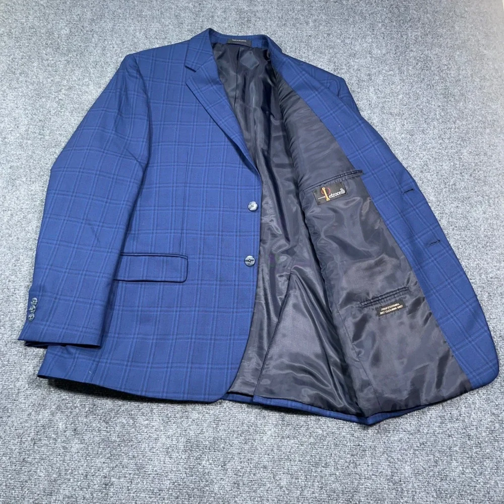 Petrocelli Soren Sport Coat Mens 46L Plaid 100% Wool Blue Glen Check Blazer Work